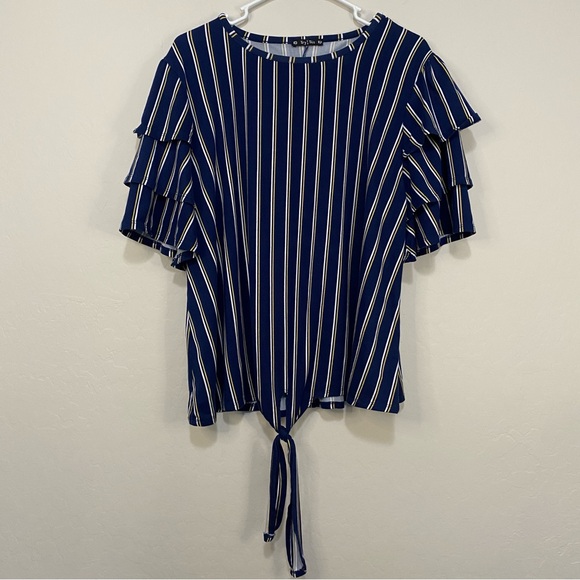 TRY THIS Short Ruffled Sleeve Striped Blouse Tie Front Plus Size 2X - Picture 1 of 9